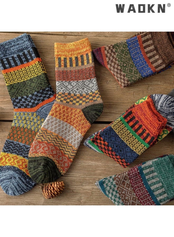 WAOKN 5 Pack Winter Socks For Women - Knitted Socks, Thick, Warm, Soft, comfortable , Vintage ethnic style thick midsole socks, High elasticity sock mouth not slipping, durable and comfortable, versatile for daily commuting. - Image 4