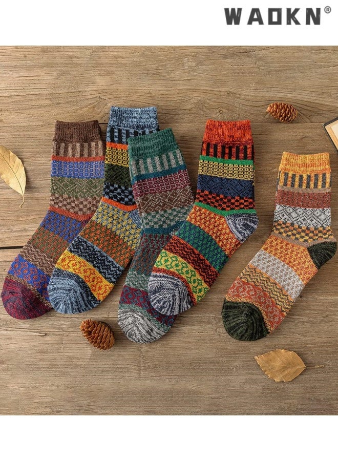 WAOKN 5 Pack Winter Socks For Women - Knitted Socks, Thick, Warm, Soft, comfortable , Vintage ethnic style thick midsole socks, High elasticity sock mouth not slipping, durable and comfortable, versatile for daily commuting. - Image 3