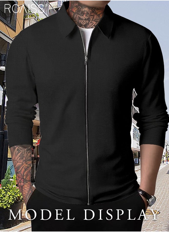 roaiss - Mens Polo Shirt Zip Lapel Solid Stripe Print Long Sleeve Muscle Shirt Workout Winter Spring Athletic Plain T Shirt - Image 1
