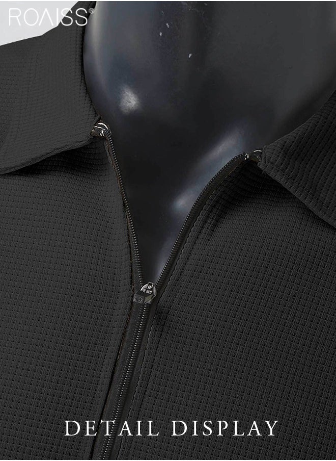 roaiss - Mens Polo Shirt Zip Lapel Solid Stripe Print Long Sleeve Muscle Shirt Workout Winter Spring Athletic Plain T Shirt - Image 1