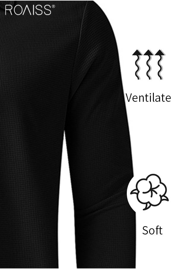 roaiss - Mens Polo Shirt Zip Lapel Solid Stripe Print Long Sleeve Muscle Shirt Workout Winter Spring Athletic Plain T Shirt - Image 1