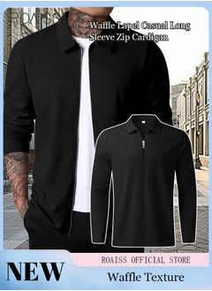 roaiss Mens Polo Shirt Zip Lapel Solid Stripe Print Long Sleeve Muscle Shirt Workout Winter Spring Athletic Plain T Shirt  - Image 2