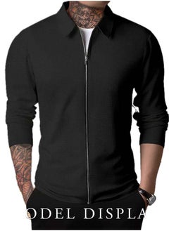 roaiss Mens Polo Shirt Zip Lapel Solid Stripe Print Long Sleeve Muscle Shirt Workout Winter Spring Athletic Plain T Shirt  - Image 1