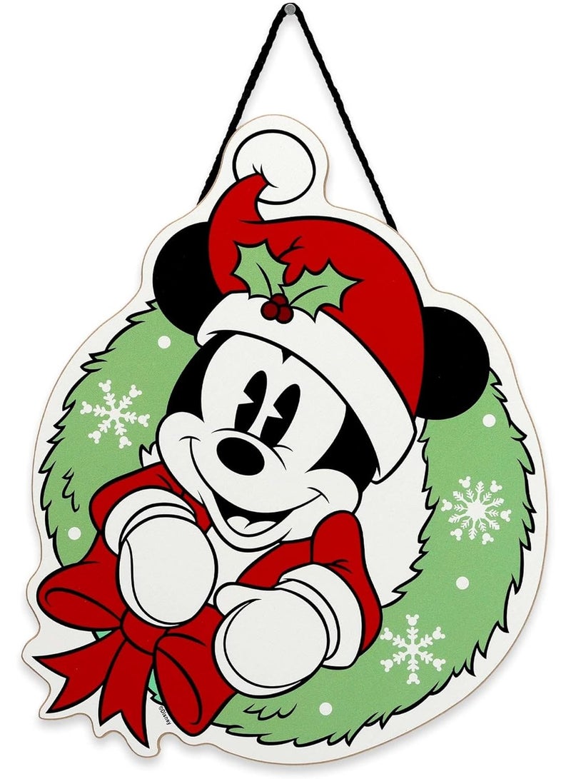 Open Road Brands Mickey Mouse  Wreath Hanging Wood Wall Decor - Adorable Mickey Mouse Holiday Decoration for Home Green/Red - Image 1