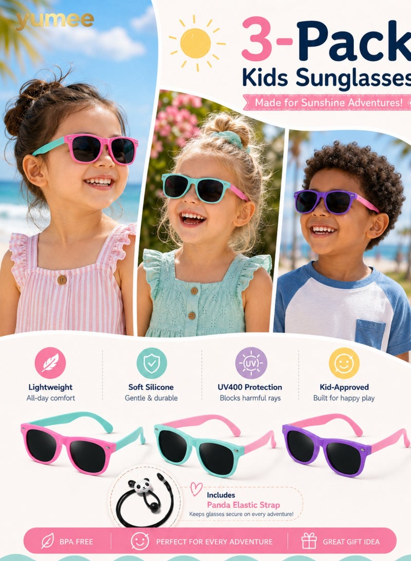 yumee 3 PCS Kids Polarized Sunglasses for Boys Girls, Bendable Flexible Rubber Frame Toddler Sunglasses, UV Protection Children Sunglasses, Pink Mint Purple Set - Image 1