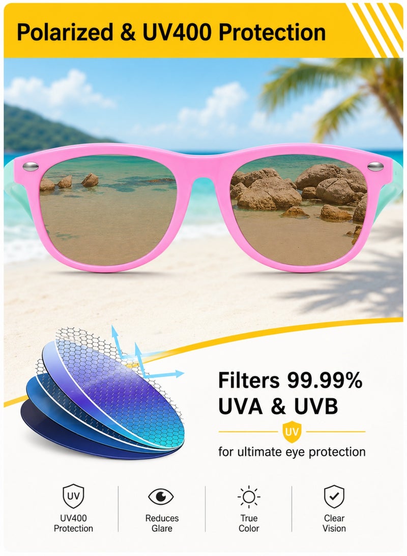 yumee 3 PCS Kids Polarized Sunglasses for Boys Girls, Bendable Flexible Rubber Frame Toddler Sunglasses, UV Protection Children Sunglasses, Pink Mint Purple Set - Image 4