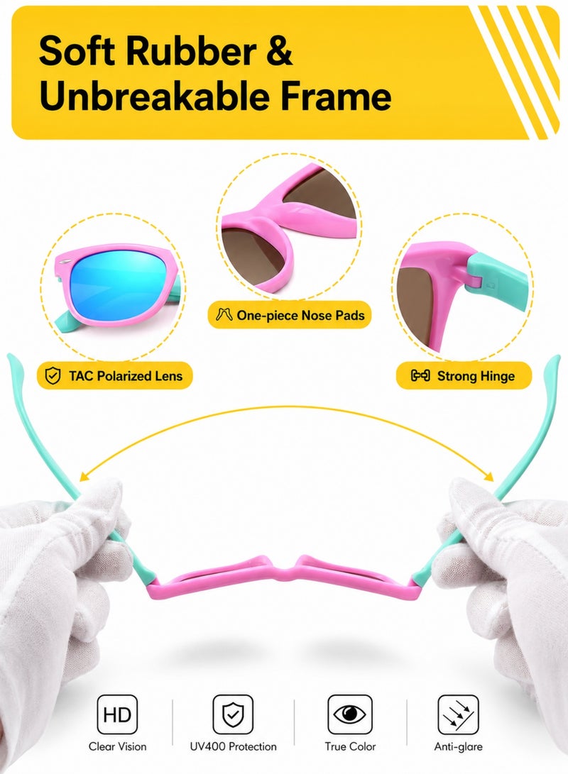 yumee 3 PCS Kids Polarized Sunglasses for Boys Girls, Bendable Flexible Rubber Frame Toddler Sunglasses, UV Protection Children Sunglasses, Pink Mint Purple Set - Image 3