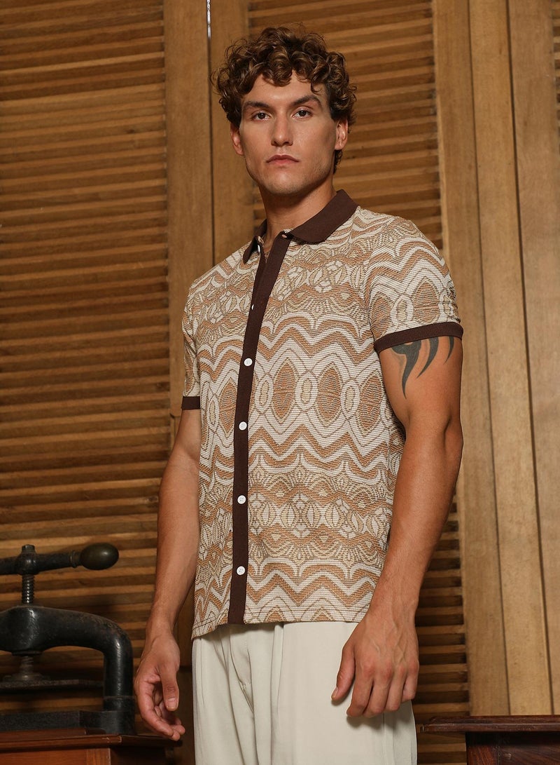 Campus Sutra Men's Brown Geometric Pattern Polo Collar Shirt  - Image 3