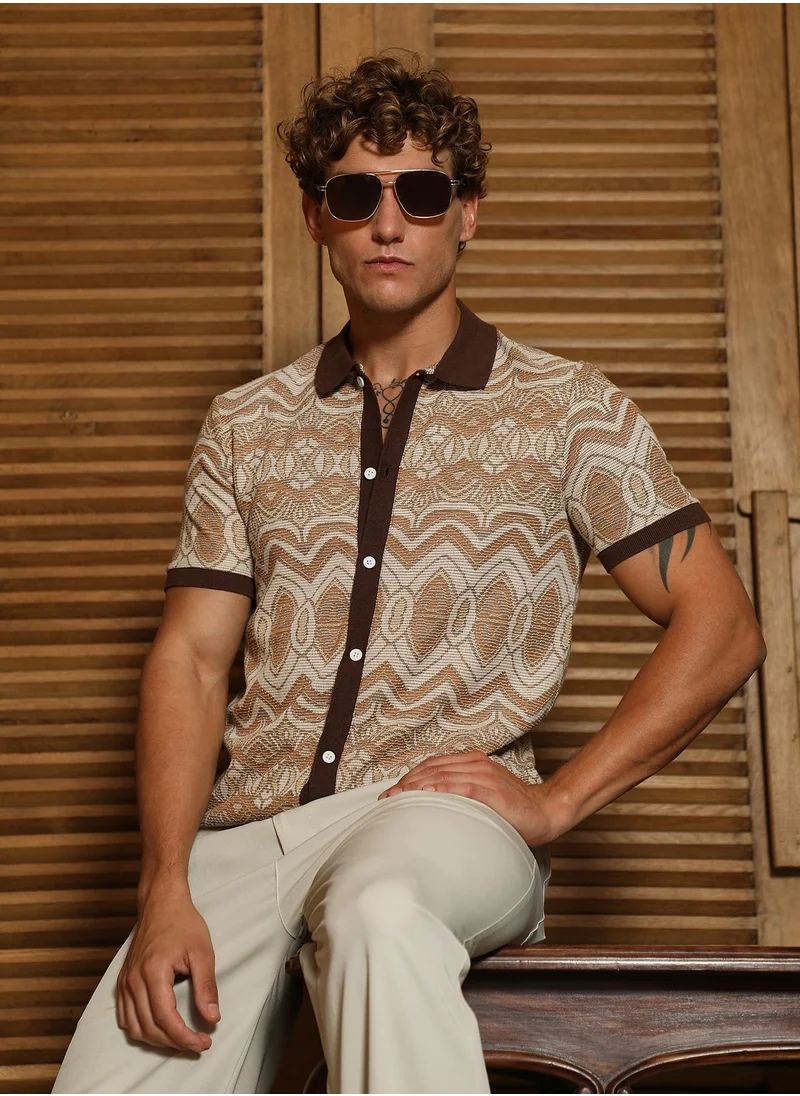 Campus Sutra Men's Brown Geometric Pattern Polo Collar Shirt