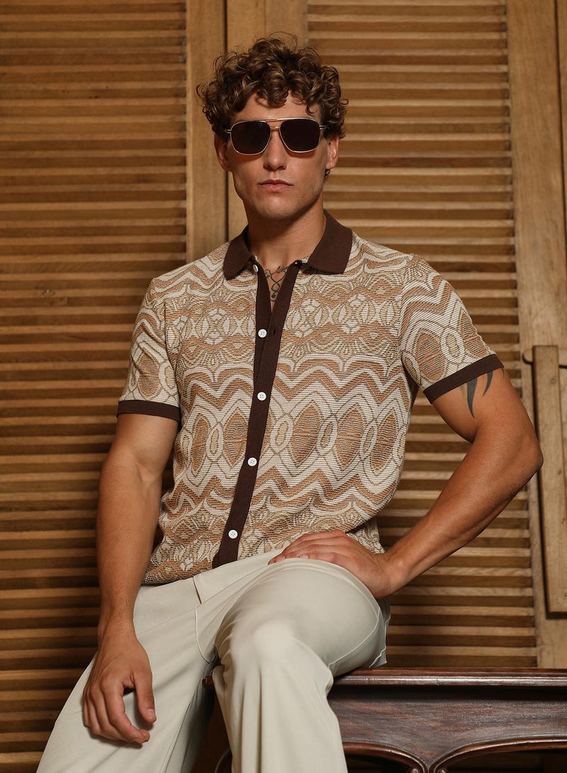 Campus Sutra Men's Brown Geometric Pattern Polo Collar Shirt  - Image 1