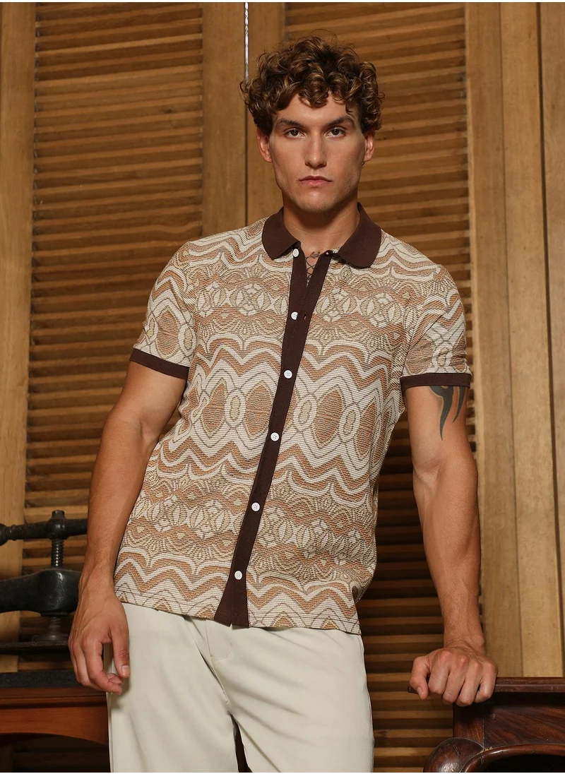 Campus Sutra Men's Brown Geometric Pattern Polo Collar Shirt