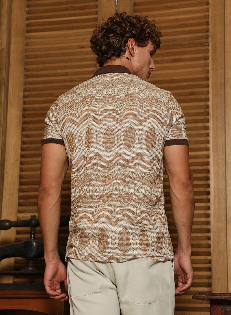 Campus Sutra Men's Brown Geometric Pattern Polo Collar Shirt  - Image 5