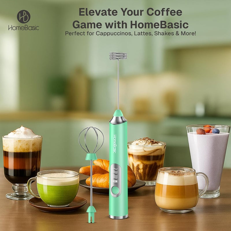 Home Basic خلاط حليب كهربائي بسرعة 3، صانع رغوة محمول مع بطارية قابلة للشحن USB-C بسعة 1200 مللي أمبير، خفاقات من الفولاذ المقاوم للصدأ 304، تشغيل صامت للقهوة، اللاتيه، الماتشا، البيض (أخضر) - Image 3
