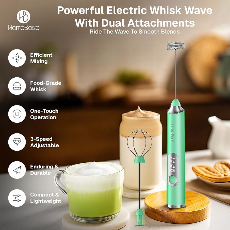 Home Basic خلاط حليب كهربائي بسرعة 3، صانع رغوة محمول مع بطارية قابلة للشحن USB-C بسعة 1200 مللي أمبير، خفاقات من الفولاذ المقاوم للصدأ 304، تشغيل صامت للقهوة، اللاتيه، الماتشا، البيض (أخضر) - Image 2