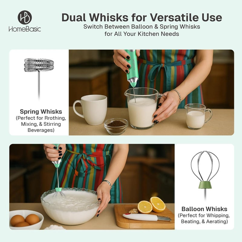 Home Basic خلاط حليب كهربائي بسرعة 3، صانع رغوة محمول مع بطارية قابلة للشحن USB-C بسعة 1200 مللي أمبير، خفاقات من الفولاذ المقاوم للصدأ 304، تشغيل صامت للقهوة، اللاتيه، الماتشا، البيض (أخضر) - Image 4