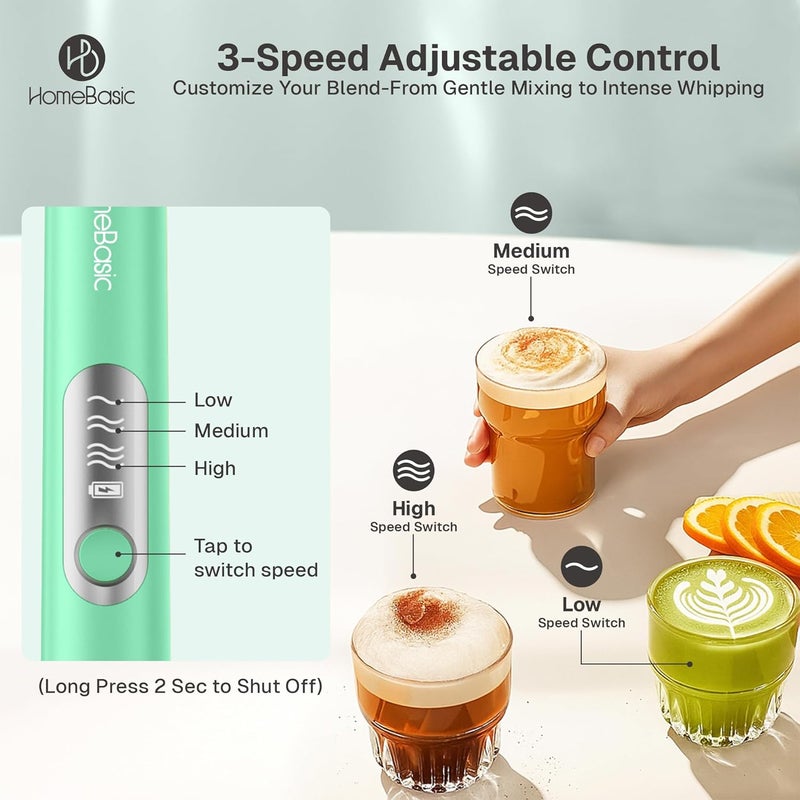 Home Basic خلاط حليب كهربائي بسرعة 3، صانع رغوة محمول مع بطارية قابلة للشحن USB-C بسعة 1200 مللي أمبير، خفاقات من الفولاذ المقاوم للصدأ 304، تشغيل صامت للقهوة، اللاتيه، الماتشا، البيض (أخضر) - Image 5
