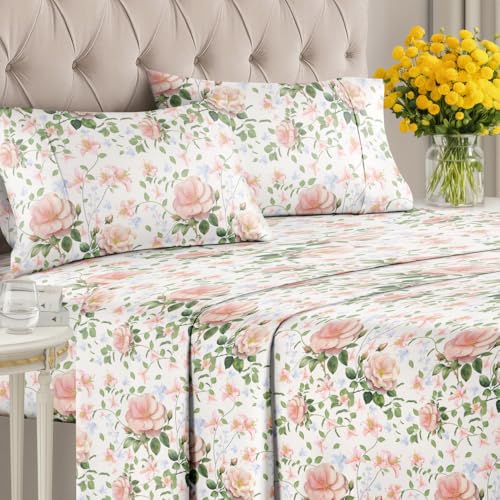 CGK Unlimited Floral Sheets Pink Floral Rose Bed Sheet Set 1 Flat 1 Fitted 2 Pillowcases wDeep Pockets Wrinkle Fade Free Boho Botanical Bedding UltraSoft Breathable and Cooling - Image 3