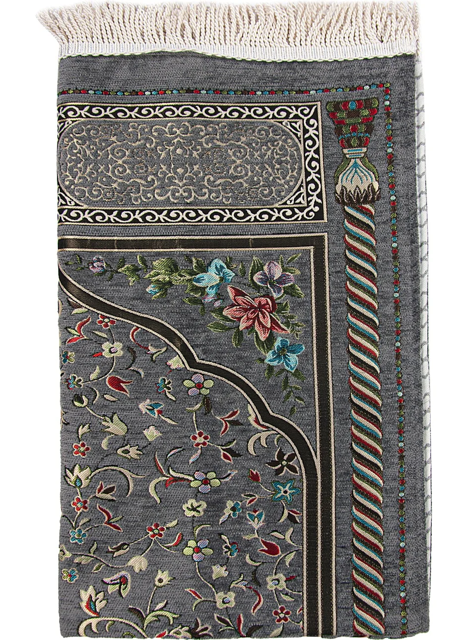 İhvan Online Ihvan Online Grey Floral Ravza Patterned Lined Chenille Prayer Rug