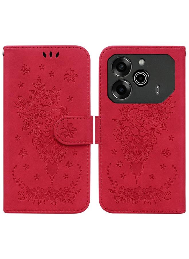 erorex For Tecno Pova 6 / Pova 6 Pro Butterfly Rose Embossed Leather Phone Case(Red) 