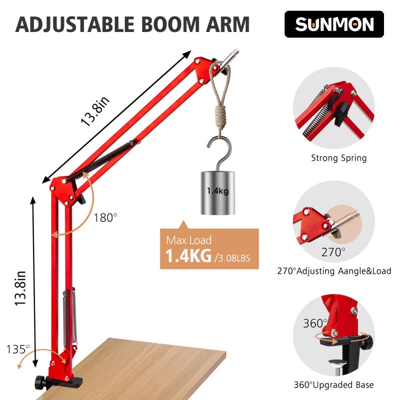 SUNMON HyperX QuadCast Boom Arm - Upgraded Red Boom Arm with Windscreen, Sound Insulation and Noise Reduction, HyperX QuadCast Microphone Arm with 3/8" to 5/8" Adapter - Image 3