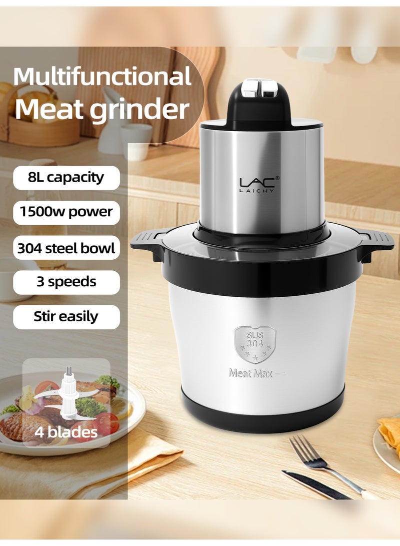 لاك لايش معالجات طعام سعة كبيرة 8 لتر ، مفرمة لحم كهربائية 1500 وات ، مفرمة خضروات مع وعاء من الفولاذ المقاوم للصدأ ، 3 سرعات ، 4 شفرات ثنائية المستوى وملعقة للحوم والبصل والخضروات والفواكه - Image 2