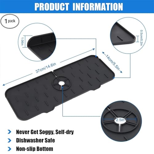 V2H Silicone Faucet Mat for Kitchen Sink, Splash Guard Faucet Water Catcher Mat Drip Protector for Kitchen and Bathroom,for Home, Offices, Restaurants, Cafe (Black,Set of 1) - Image 2