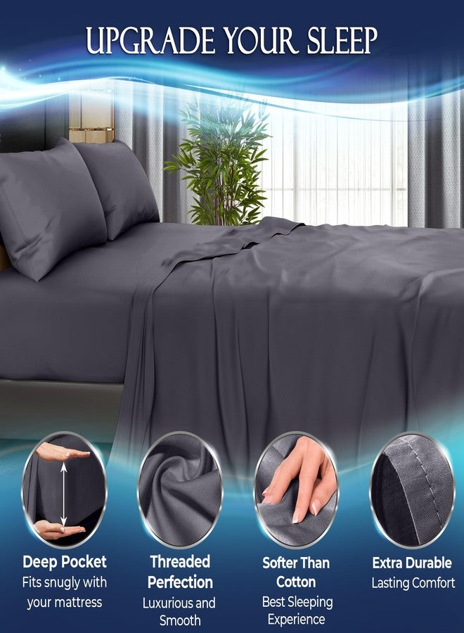 DECOLURE طقم ملاءات تبريد ديكورور كوين 4 قطع - ملاءات سرير فاخرة وناعمة للغاية مقاس كوين للتبريد لمن يعانون من الحرارة أثناء النوم - طقم ملاءات سرير كوين مريح من ألياف الخيزران الدقيقة (لون جرافيت) - Image 3