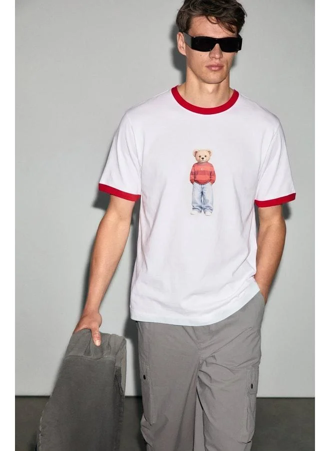 Grimelange BAMSI Men's %100 Organic Cotton Contrast Collar World Cup Special Printed White T-Shirt.