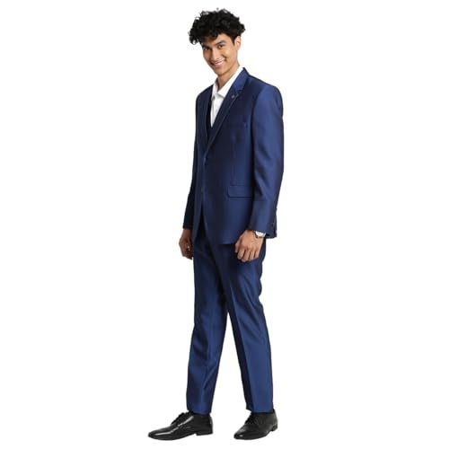 Turtle Men 100% Cotton Dobby Print Full Sleeve Three Piece Blue Party Suit - Image 2