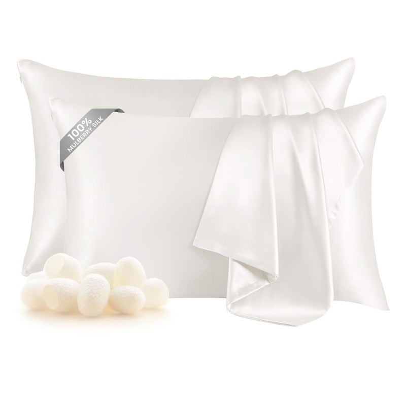 THXSILK مجموعة THXSILK من 2 غطاء وسادة من حرير التوت 100% للشعر والبشرة، أعلى درجة 6A+ من حرير التوت بحجم قياسي، غطاء وسادة من الحرير الحقيقي بسحاب (أبيض، قياسي) - Image 1