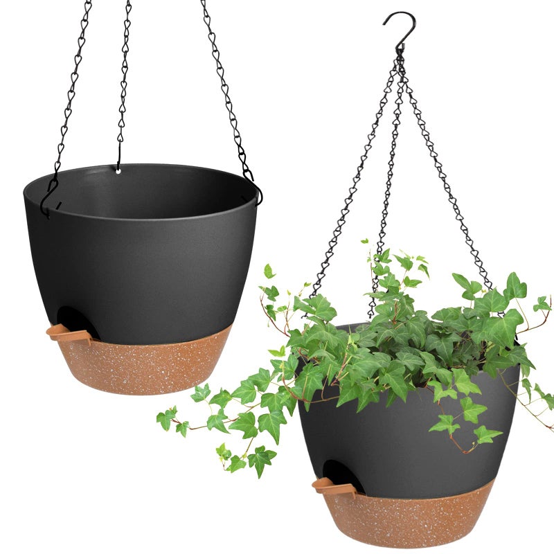 Vanslogreen Hanging Planters for Indoor Outdoor Plants 2 Pack Self Watering Hanging Pot with Drainage Holes  Removable Tray Black 10