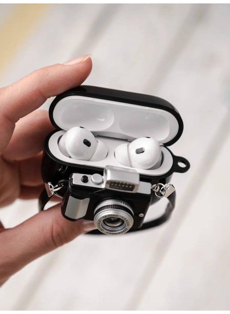 Aura Style 3D Retro Camera Case for AirPods 4 - Creative Vintage Silicone Protective Cover with Strap - Image 4
