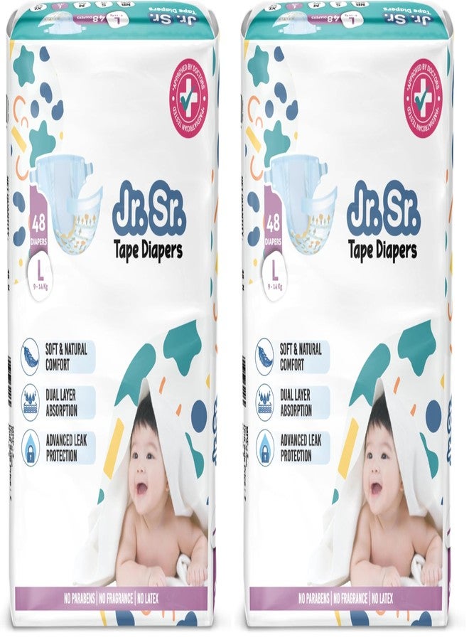 Jr. Sr. Baby Tape Style Diaper | Adjustable Fit for Babies | Large (L) Size (9-14 kg), 48 Count | Pack of 2 | Upto 12 hr Absorption with Advanced Leak Protection | Soft & Comfy