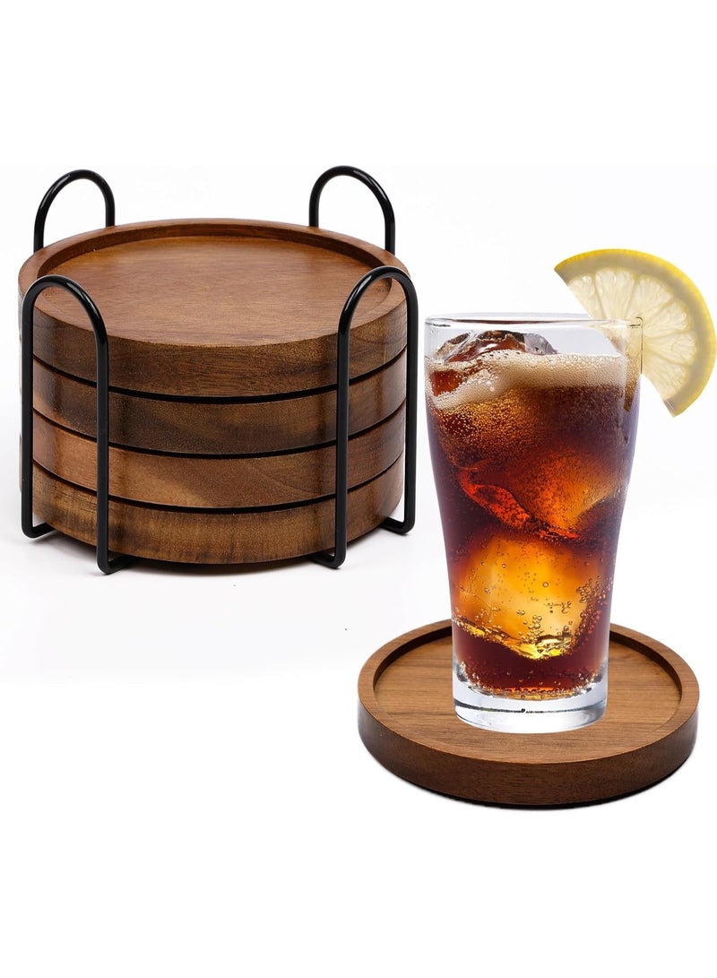 SYOSI 4-Piece Wood Drink Coasters Set, Absorbent Wooden Coasters with Holder, Natural Table Protection Pads for Coffee Tables, Office Desks, Home Bar, Farmhouse Decor, Rustic Beverage Mats - Image 1