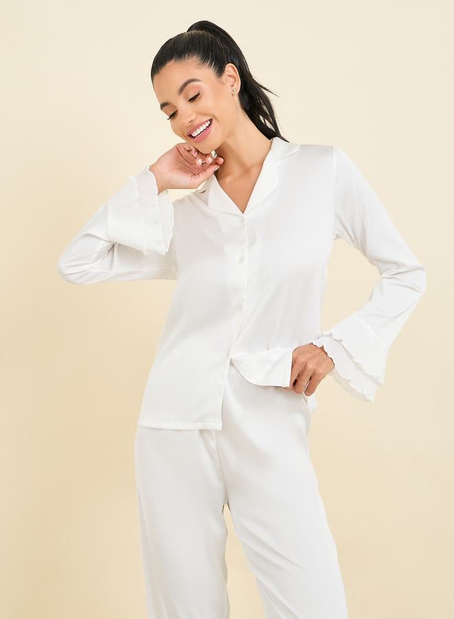 Styli Plisse Cuff Detail Satin Shirt & Pyjama Set  - Image 2