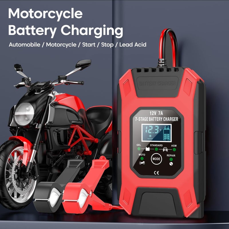 Sounce Fully Automatic 7A 12V Car & Bike Battery Charger: Smart Battery Maintainer with Intelligent Digital Display & Multi-Protection: Compatible with AGM, Gel, Wet Lead-Acid, Calcium Batteries - Image 2