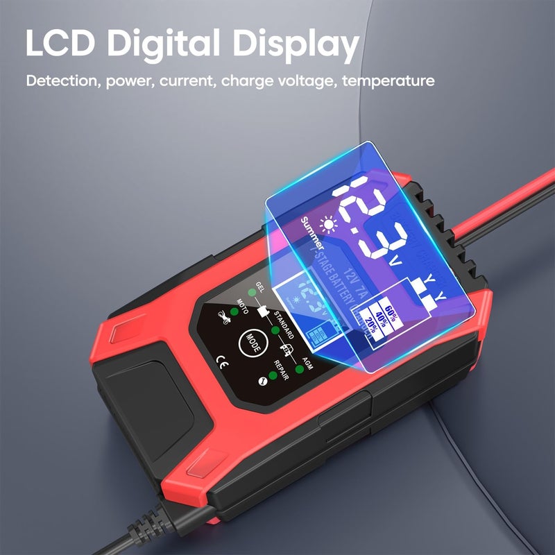 Sounce Fully Automatic 7A 12V Car & Bike Battery Charger: Smart Battery Maintainer with Intelligent Digital Display & Multi-Protection: Compatible with AGM, Gel, Wet Lead-Acid, Calcium Batteries - Image 4
