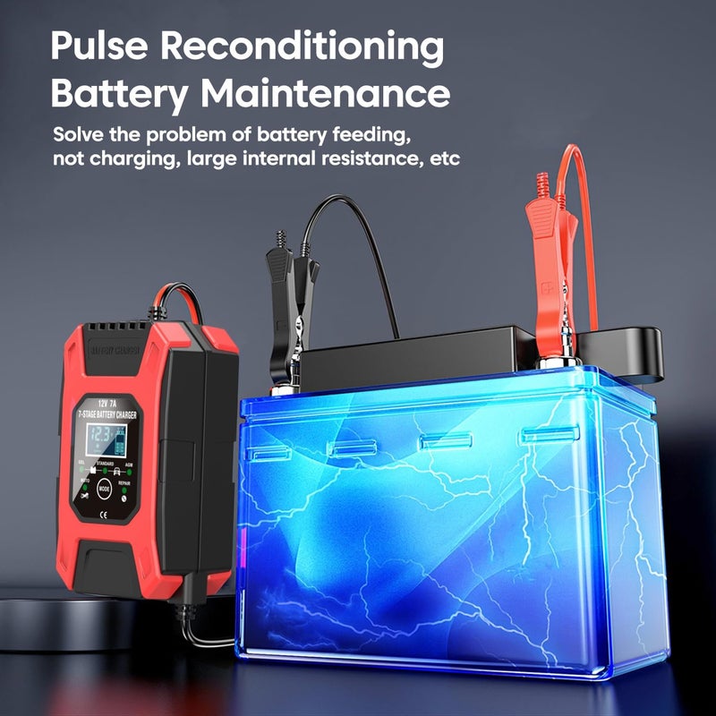 Sounce Fully Automatic 7A 12V Car & Bike Battery Charger: Smart Battery Maintainer with Intelligent Digital Display & Multi-Protection: Compatible with AGM, Gel, Wet Lead-Acid, Calcium Batteries - Image 3