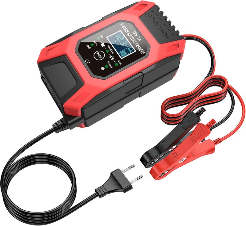 Sounce Fully Automatic 7A 12V Car & Bike Battery Charger: Smart Battery Maintainer with Intelligent Digital Display & Multi-Protection: Compatible with AGM, Gel, Wet Lead-Acid, Calcium Batteries - Image 1
