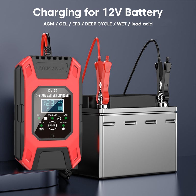 Sounce Fully Automatic 7A 12V Car & Bike Battery Charger: Smart Battery Maintainer with Intelligent Digital Display & Multi-Protection: Compatible with AGM, Gel, Wet Lead-Acid, Calcium Batteries - Image 5