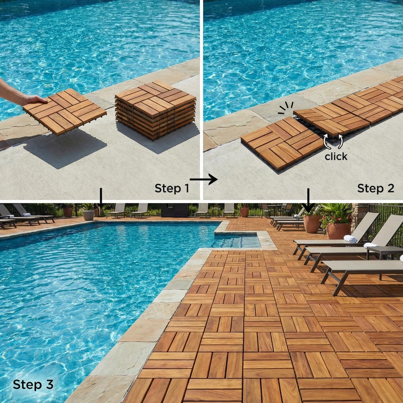 Bare Decor باري ديكور بلاط أرضيات خشب الساج الصلب المتشابك (عبوة من 10 قطع)، 12" × 12"، بني - Image 2