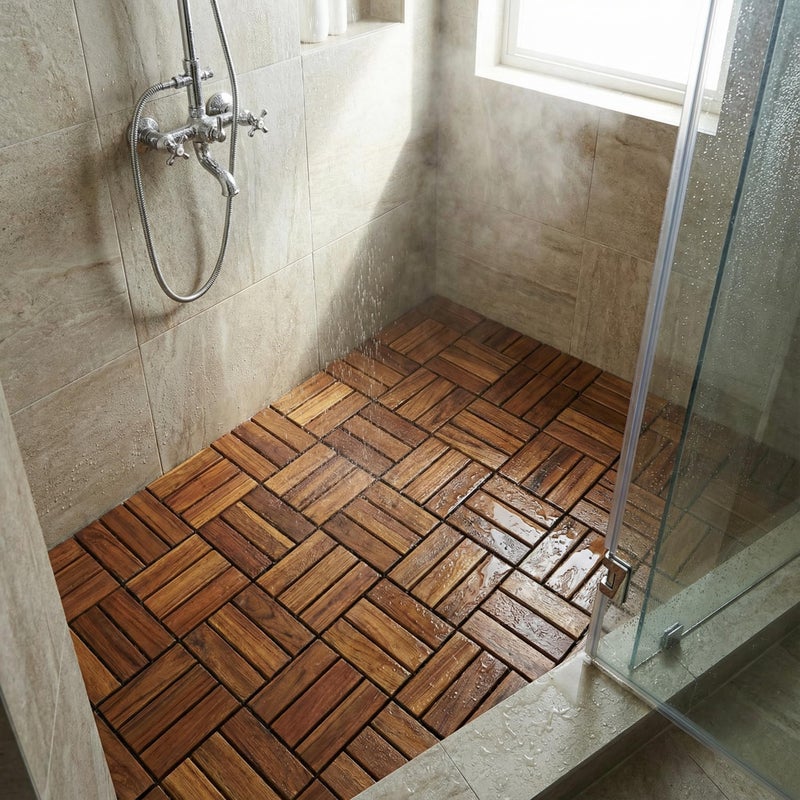 Bare Decor باري ديكور بلاط أرضيات خشب الساج الصلب المتشابك (عبوة من 10 قطع)، 12" × 12"، بني - Image 5