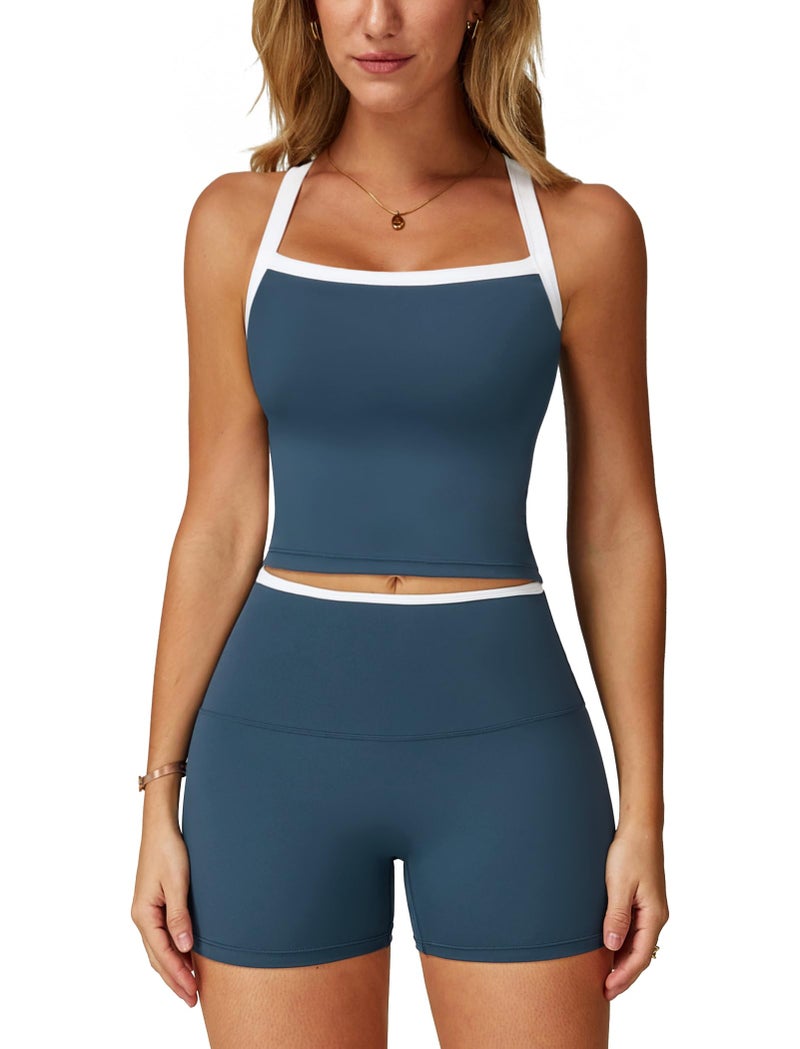 ABOCIW Workout Sets for Women 2 Piece Color Block Longline Sports Bra High Waist Biker Shorts Gym Set Yoga Pilates Outfits Active Wear White Trim Navy XSmall - Image 2