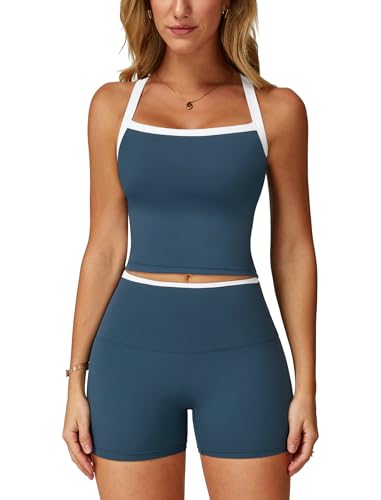 ABOCIW Workout Sets for Women 2 Piece Color Block Longline Sports Bra High Waist Biker Shorts Gym Set Yoga Pilates Outfits Active Wear White Trim Navy XSmall - Image 1