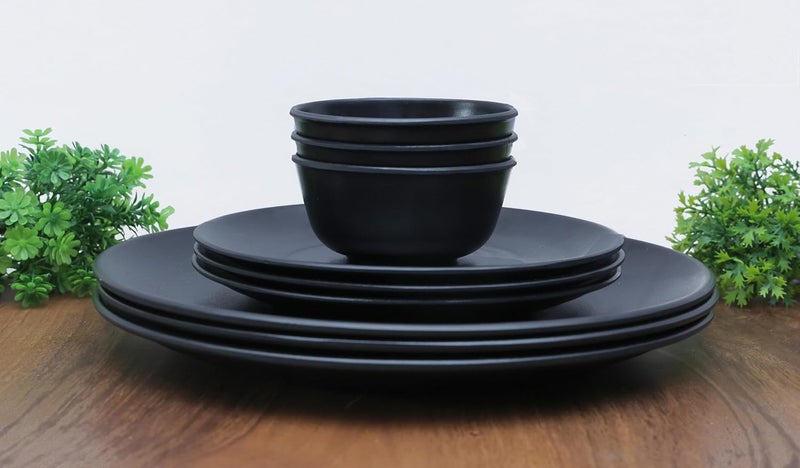 Amar Industries Melamine Dinner Set Elegant Unabreakable Modern Matte Black Spiral Design Full Plates Half Plates with Bowl Serve 3 Set of 9 - Image 1