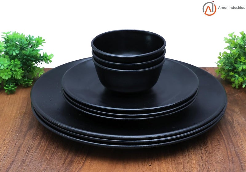 Amar Industries Melamine Dinner Set Elegant Unabreakable Modern Matte Black Spiral Design Full Plates Half Plates with Bowl Serve 3 Set of 9 - Image 2