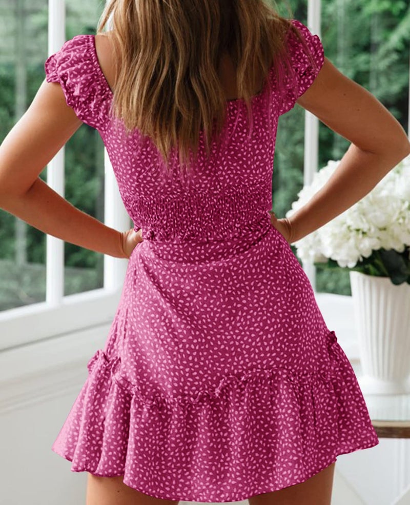 YOBECHO Womens Summer Ruffle Sleeve Sweetheart Neckline Printing Dress Mini Dresses Rose Red - Image 3
