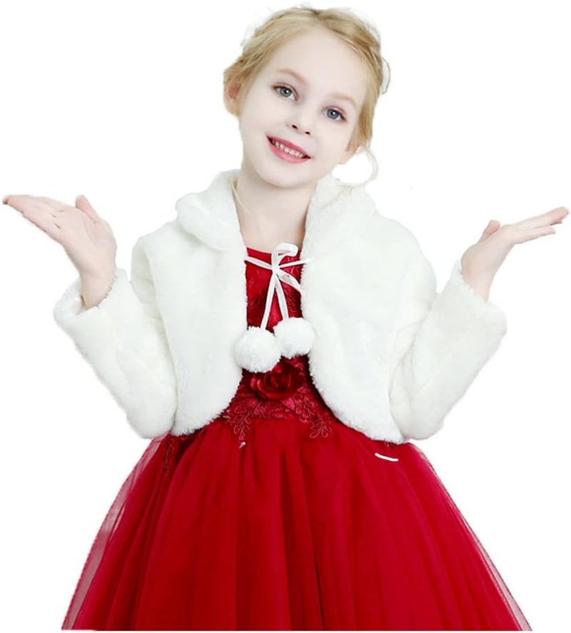 Edenshow Store Girls Faux Fur Bolero White Fur Coat Jacket Princess Shawl Shrug Bridesmaid Tippet Cape Cardigan for Wedding Party - Image 4