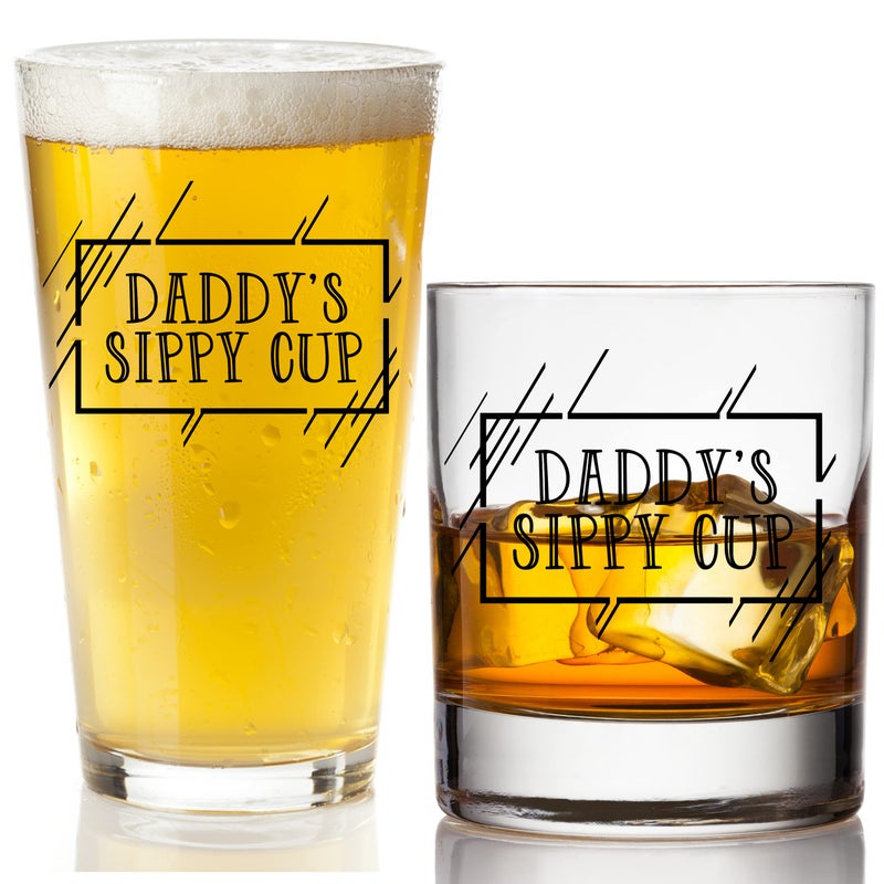 Daddys Sippy Cup Beer and Whiskey Glass Bundle  Funny Rocks Glass  Stocking Stuffers and Gag Gifts for Men  Birthday Fathers Day or New Dad Gifts  Printed in USA
