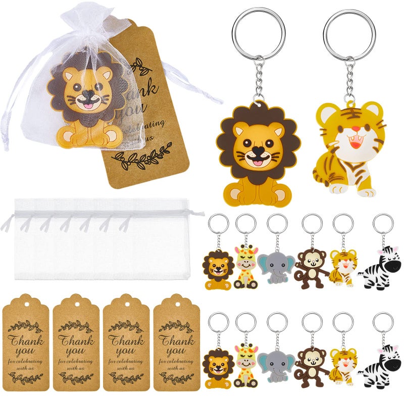 Mtlee 54 Pieces Cute Jungle Animal Keychains Safari Baby Shower Decorations Zoo Animals Decoration with Thanks Tags and Organza Bags for Birthday Favor
